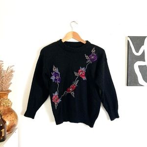 Vintage Black Sweater w Floral Details